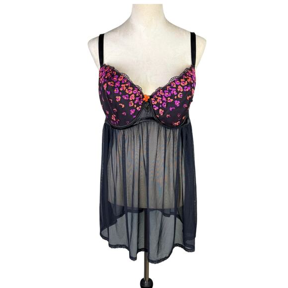 Savage X Fenty Black Sheer Mesh Pink Orange Flower Embroidered Babydoll Lingerie - Picture 1 of 9